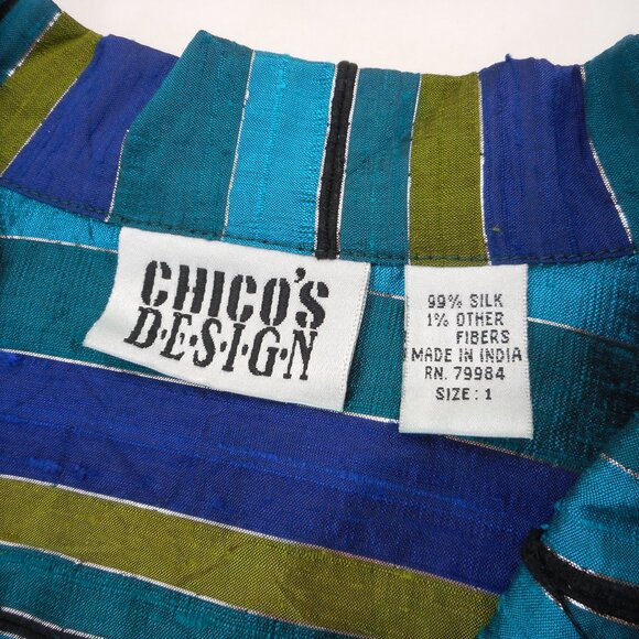 Chico's Design size 1 Womens M Turquoise Blue Raw Silk Striped Jacket Top - Picture 6 of 11